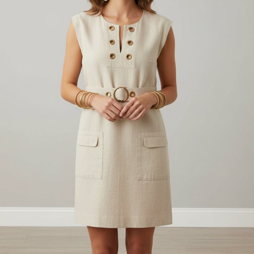 J.CREW Linen Grommet Neck Shift Dress 8 Beige